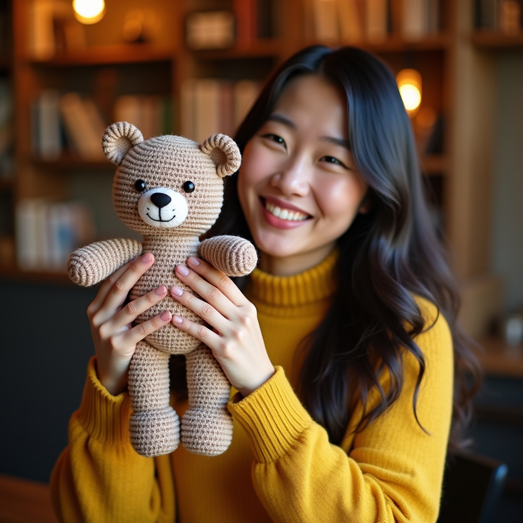 Persona che mostra con orgoglio il suo primo pupazzo amigurumi completato