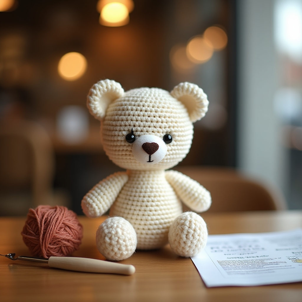 Pupazzo amigurumi completato su tavolo con materiali di lavoro intorno