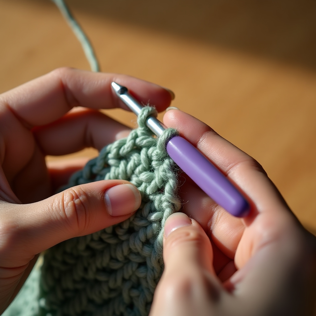 Mani che lavorano la catenella con uncinetto ergonomico